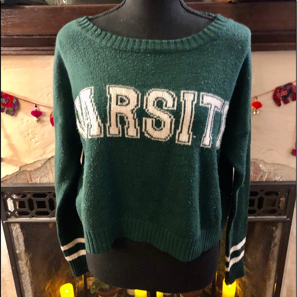 Green Crop Knit Varsity Sweater